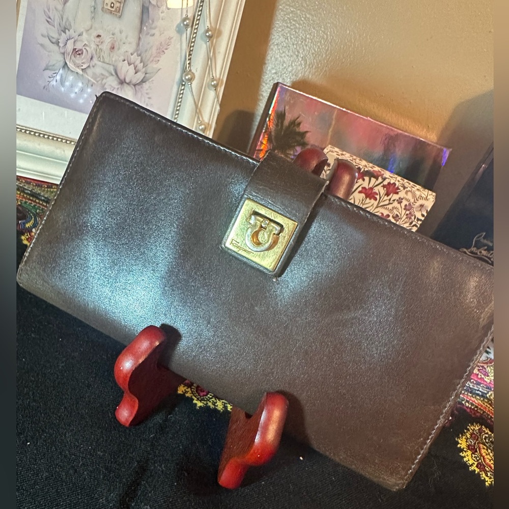 Salvatore Ferragamo Brown Leather long wallet bi fold gold hardware
